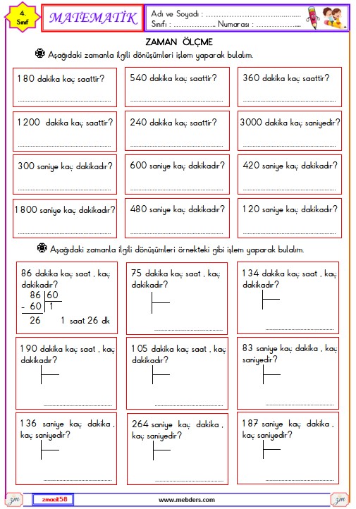 4. Sınıf Matematik Zaman Ölçme Etkinliği 2