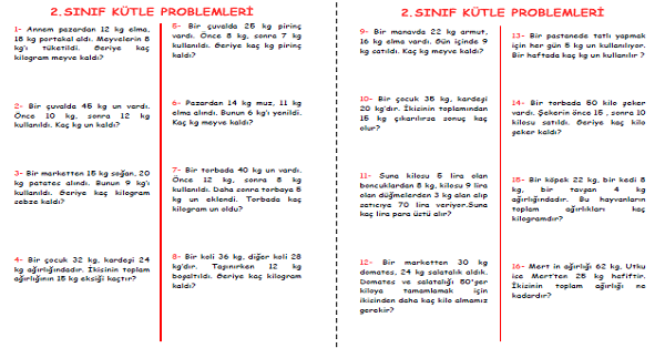 2. Sınıf Matematik Tartma  - Kütle Ölçme Problemleri