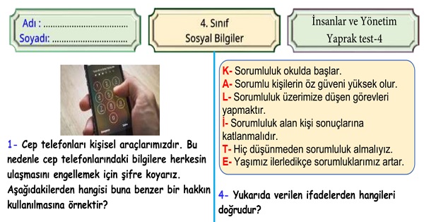 4.Sınıf Sosyal Bilgiler İnsanlar ve Yönetim Ünitesi Yaprak Test 4