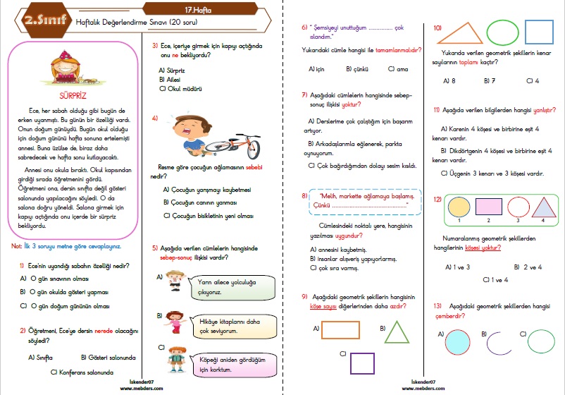 2.Sınıf Haftalık Değerlendirme Testi - 17.Hafta (09-13 Ocak)