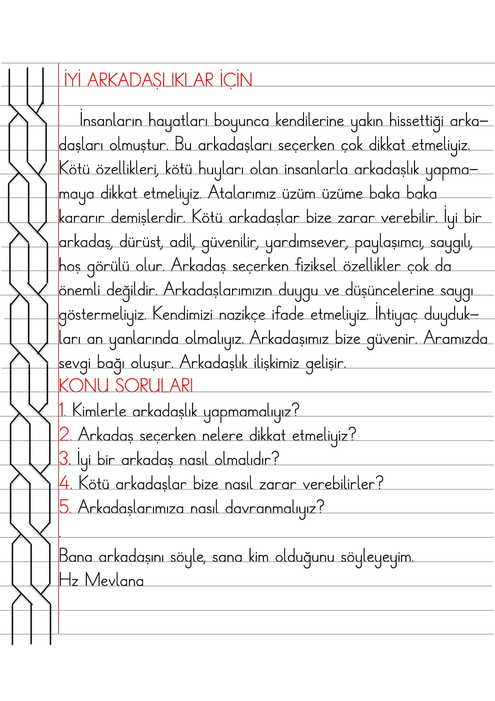 2.Sınıf - Hayat Bilgisi İyi Arkadaşlıklar İçin Defter Özeti