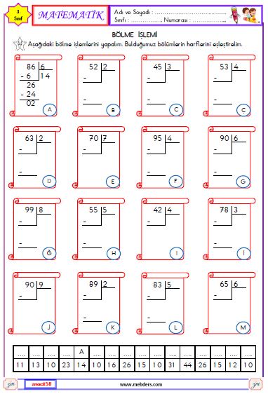 3. Sınıf Matematik  Bölme İşlemi Etkinliği 6