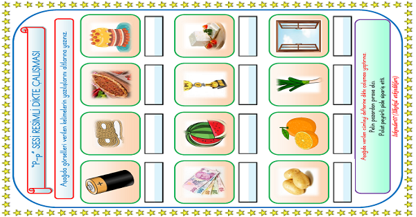 1. Sınıf İlk Okuma Yazma P-p Sesi Resimli Dikte Çalışması