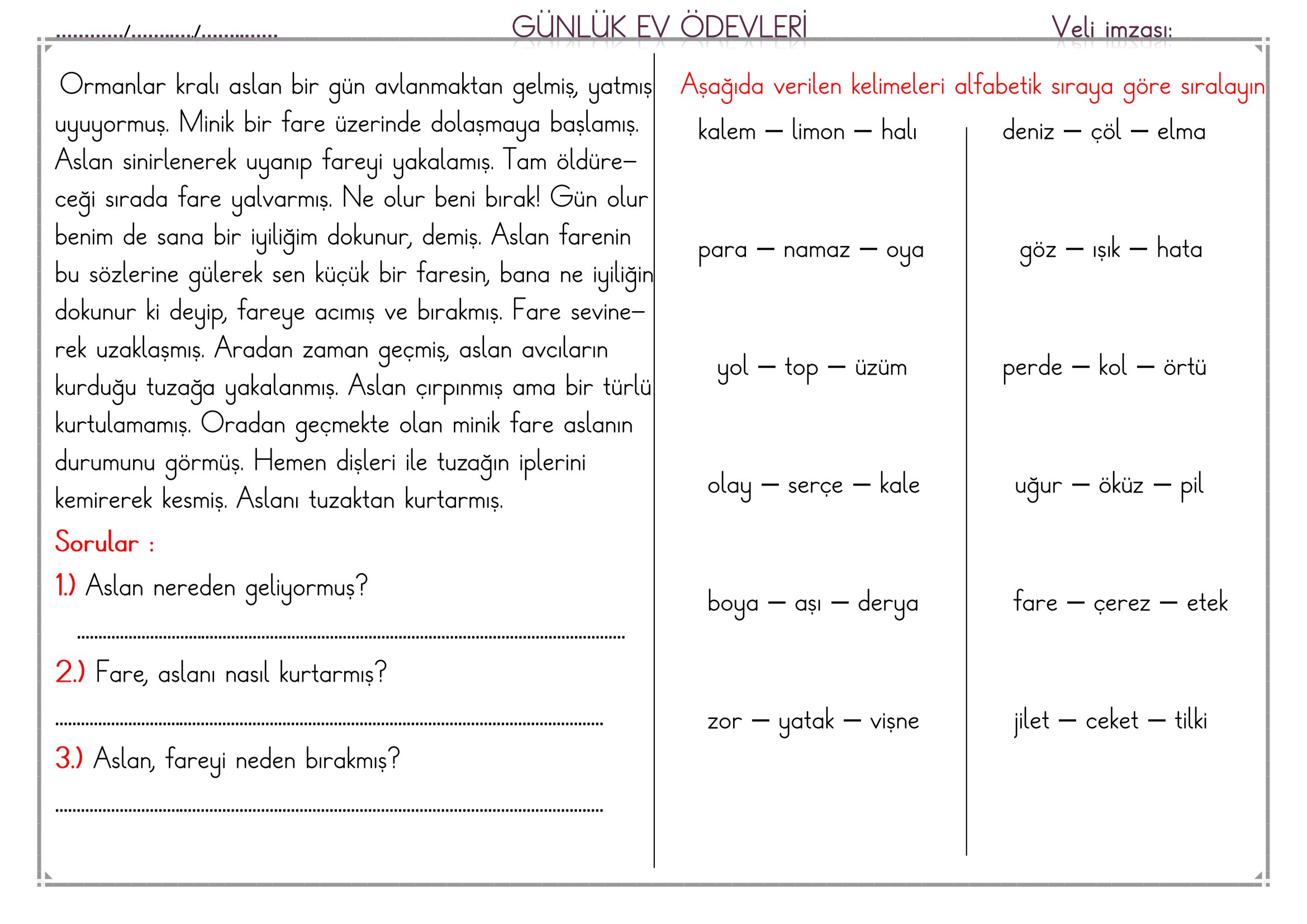 1.Sınıf - 13 Nisan 2026 Günlük Ev Ödevleri