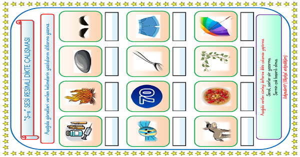 1. Sınıf İlk Okuma Yazma Ş Sesi Resimli Dikte Çalışması