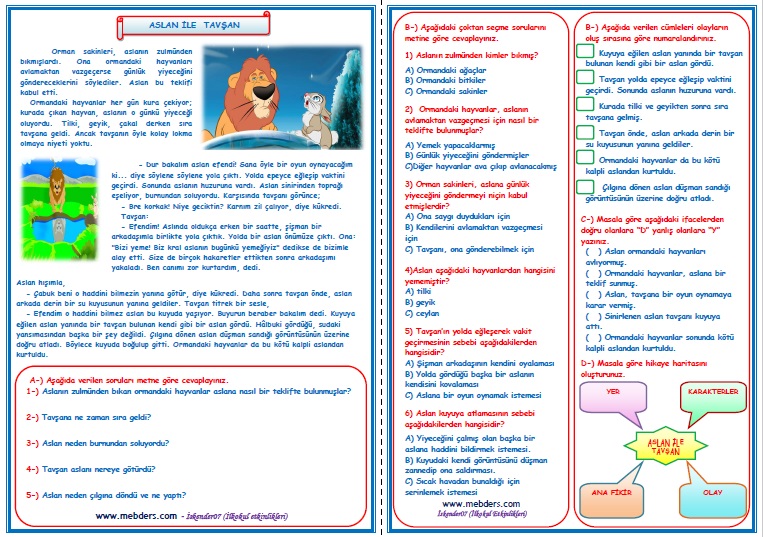 3.Sınıf Türkçe Aslan ile Tavşan Okuma Anlama Metin Çalışması  2