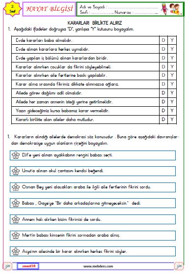 2. Sınıf Hayat Bilgisi Kararları Birlikte Alırız Etkinliği