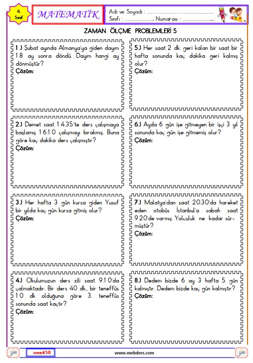 4. Sınıf Matematik Zaman Ölçme Problemleri Etkinliği 5