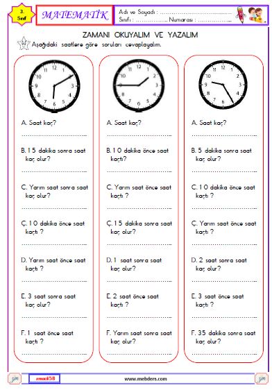 3. Sınıf Matematik Zamanı Okuyalım ve Yazalım  Etkinliği 9