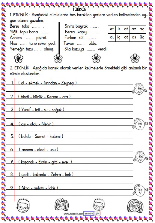 1. Sınıf Türkçe Boşluk Doldurma ve Cünle Oluşturma  Etkinliği 3