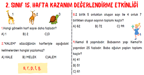 2.Sınıf 15.Hafta Kazanım Değerlendirme Testi