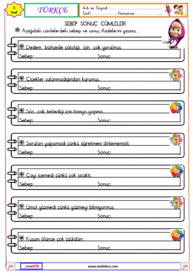 3. Sınıf Türkçe Sebep Sonuç Cümleleri Etkinliği