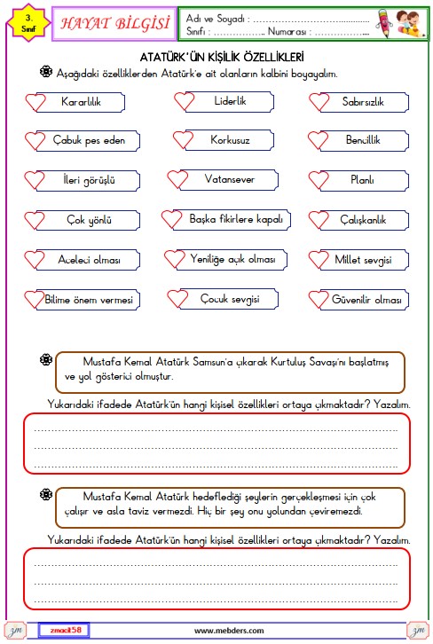 3. Sınıf Hayat Bilgisi Atatürk'ün Kişilik Özellikleri Etkinliği 2