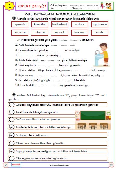 3. Sınıf Hayat Bilgisi Okul Kaynaklarını Tasarruflu Kullanıyorum  Etkinliği