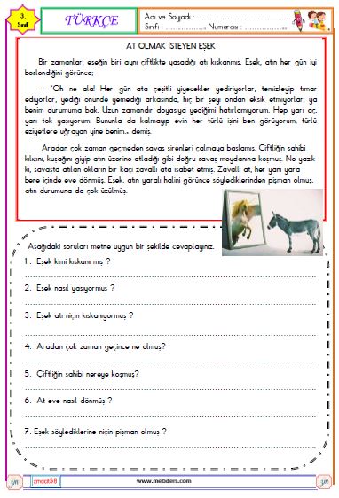 3. Sınıf Türkçe Okuma ve Anlama Etkinliği (At Olmak İsteyen Eşek)