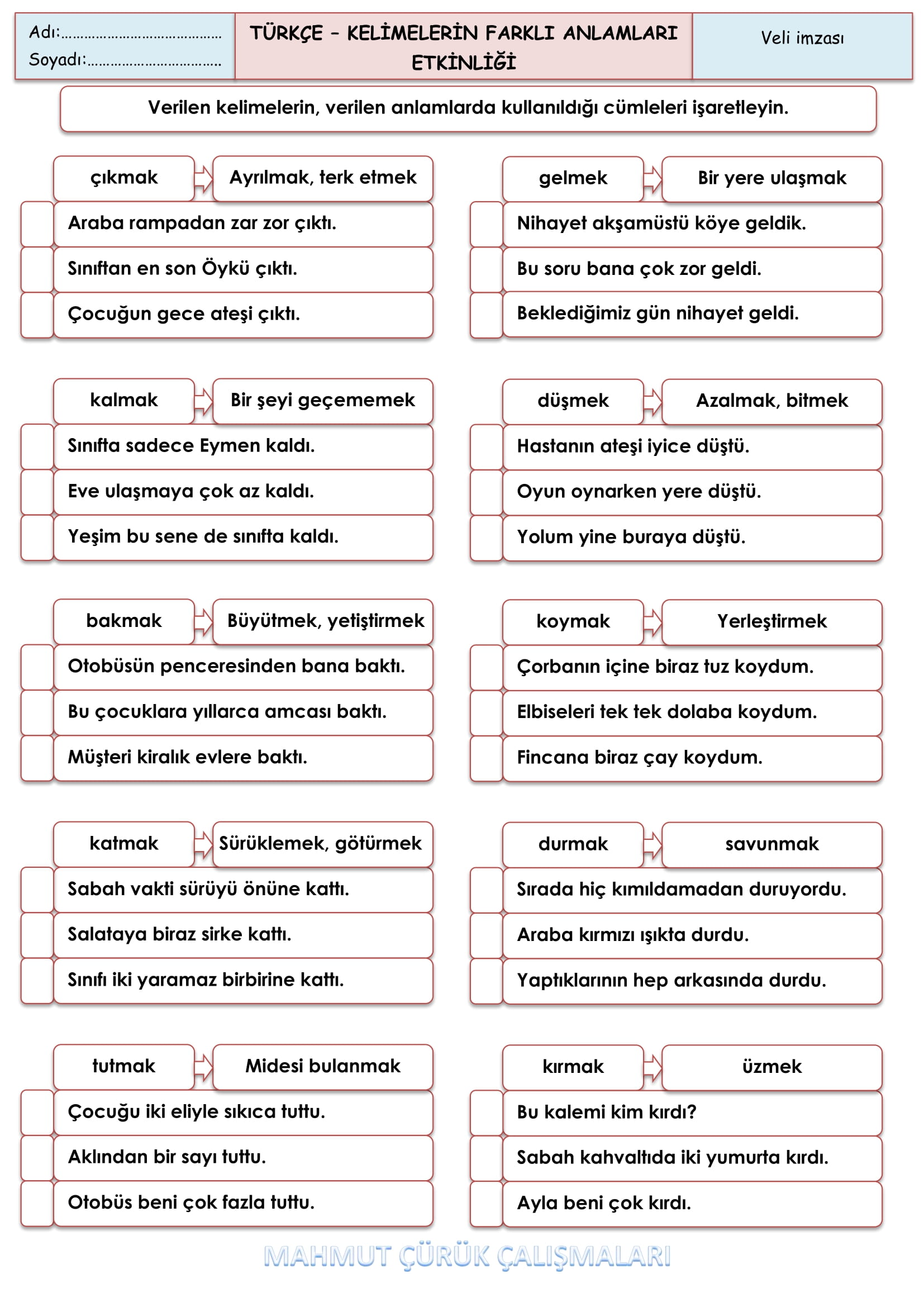 2.Sınıf - Türkçe - Kelimelerin Farklı Anlamları Etkinliği