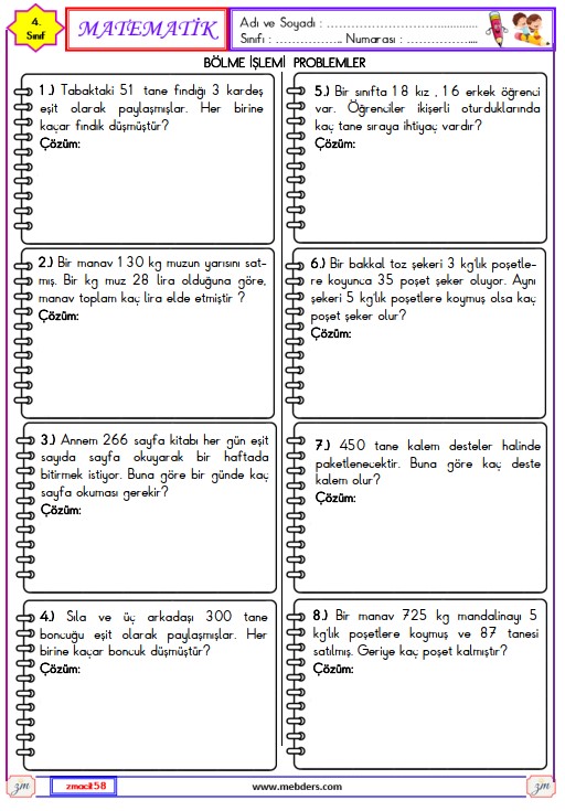 4. Sınıf Matematik Bölme İşlemi Problemleri Etkinliği 1