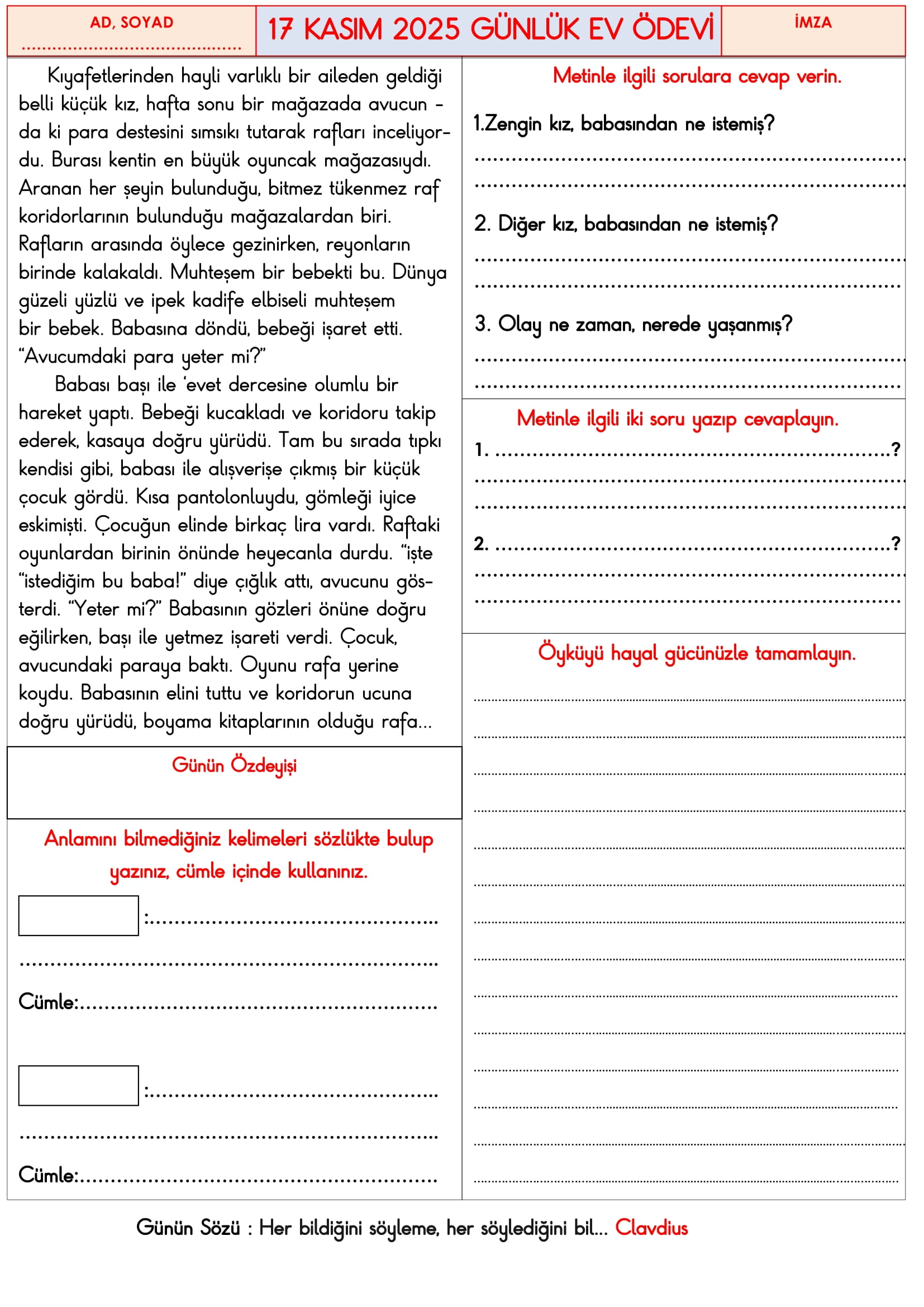 3.Sınıf - 17 Kasım 2025 Günlük Ev Ödevleri