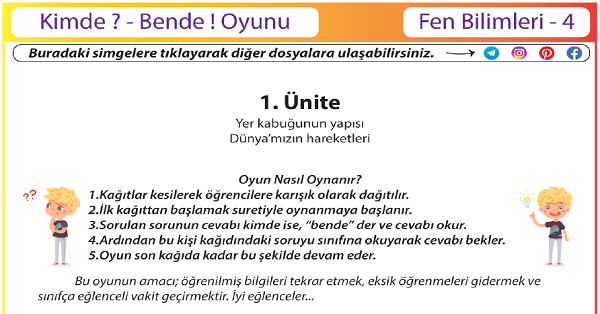 4.Sınıf Fen Bilimleri Kimde  Bende ! Oyunu (Yer Kabuğu ve Dünya'mızın Hareketleri)