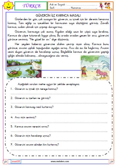 2. Sınıf Türkçe Okuma ve Anlama Metni Etkinliği (Güvercin ile Karınca)