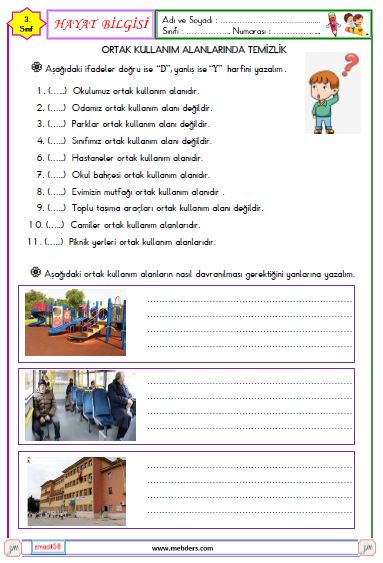 3. Sınıf Hayat Bilgisi Ortak Kullanım Alanlarımız Etkinliği