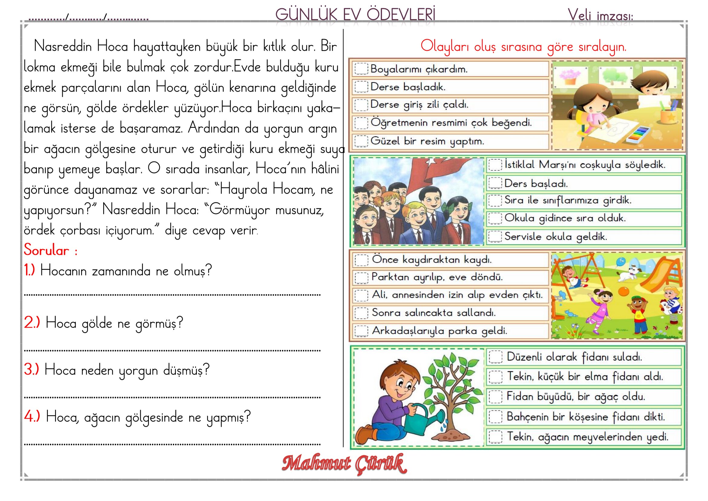1.Sınıf - 11 Haziran 2026 Günlük Ev Ödevleri