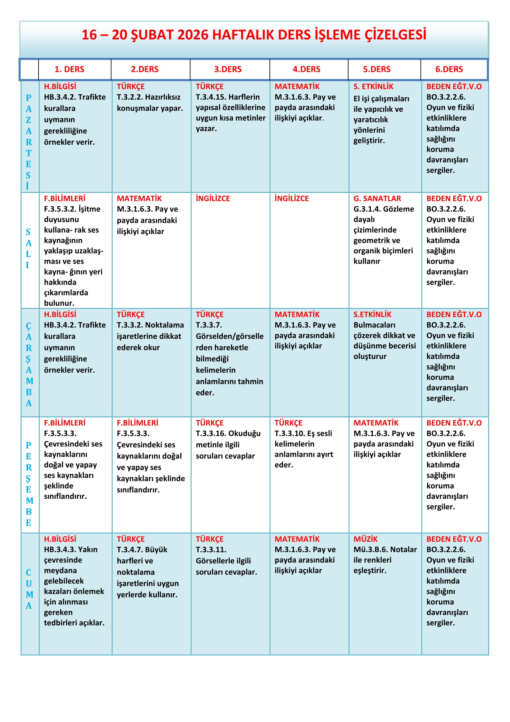 3.Sınıf 16 - 20 Şubat 2026 Haftalık Ders İşleme Çizelgesi.doc