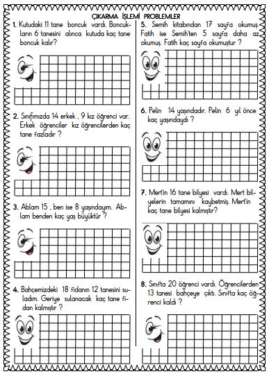 1. Sınıf Matematik Çıkarma İşlemi Problemleri Etkinliği 8