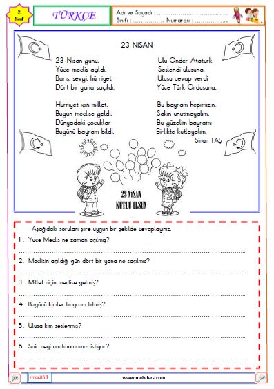 2. Sınıf Türkçe Okuma ve Anlama Metni Etkinliği (23 Nisan)