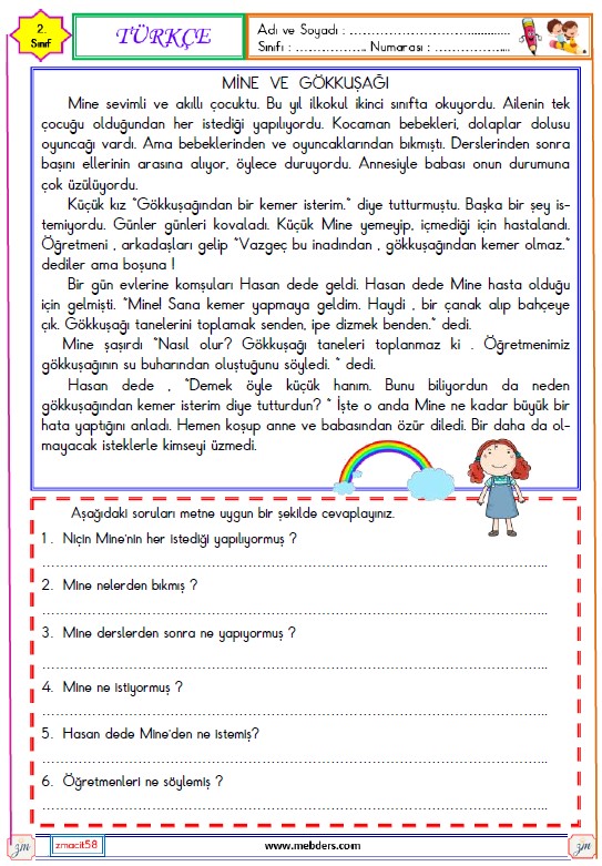 2. Sınıf Türkçe Okma ve Anlama Metni  Etkinliği (Mine ve Gökkuşağı)