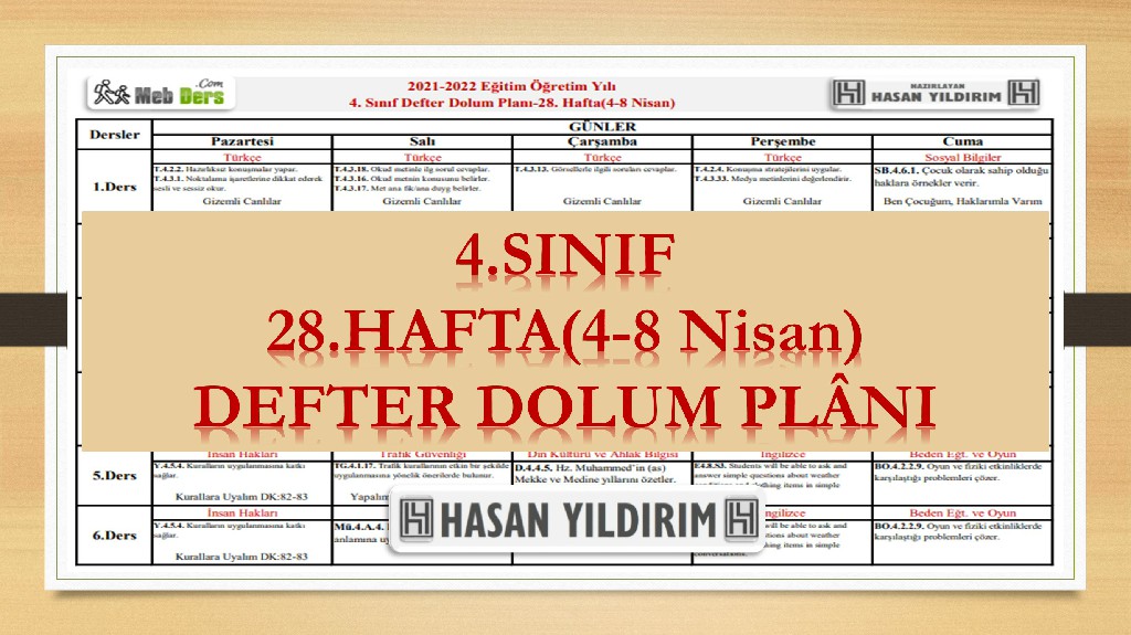 4.Sınıf 28.Hafta(4-8 Nisan) Defter Dolum Planı