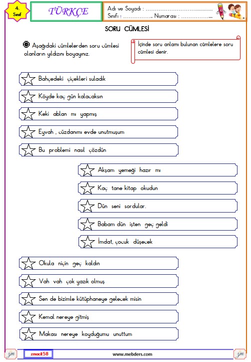 4. Sınıf Türkçe Soru Cümlesi Etkinliği