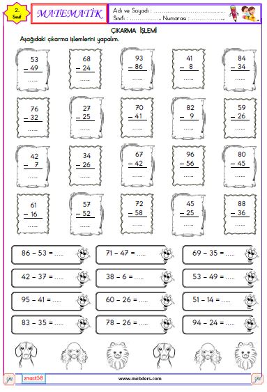 2. Sınıf Matematik Çıkarma İşlemi Etkinliği 2