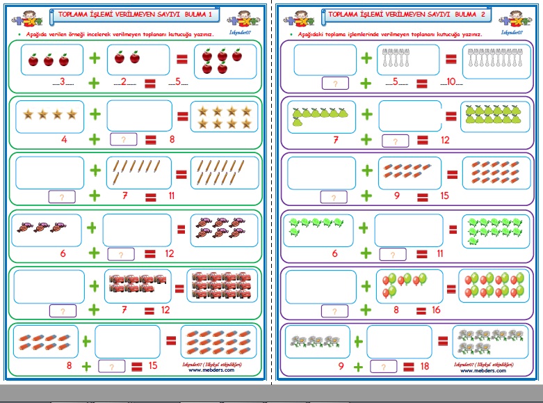 1.Sınıf Matematik Toplama İşleminde Verilmeyen Sayıyı Bulma  1-2