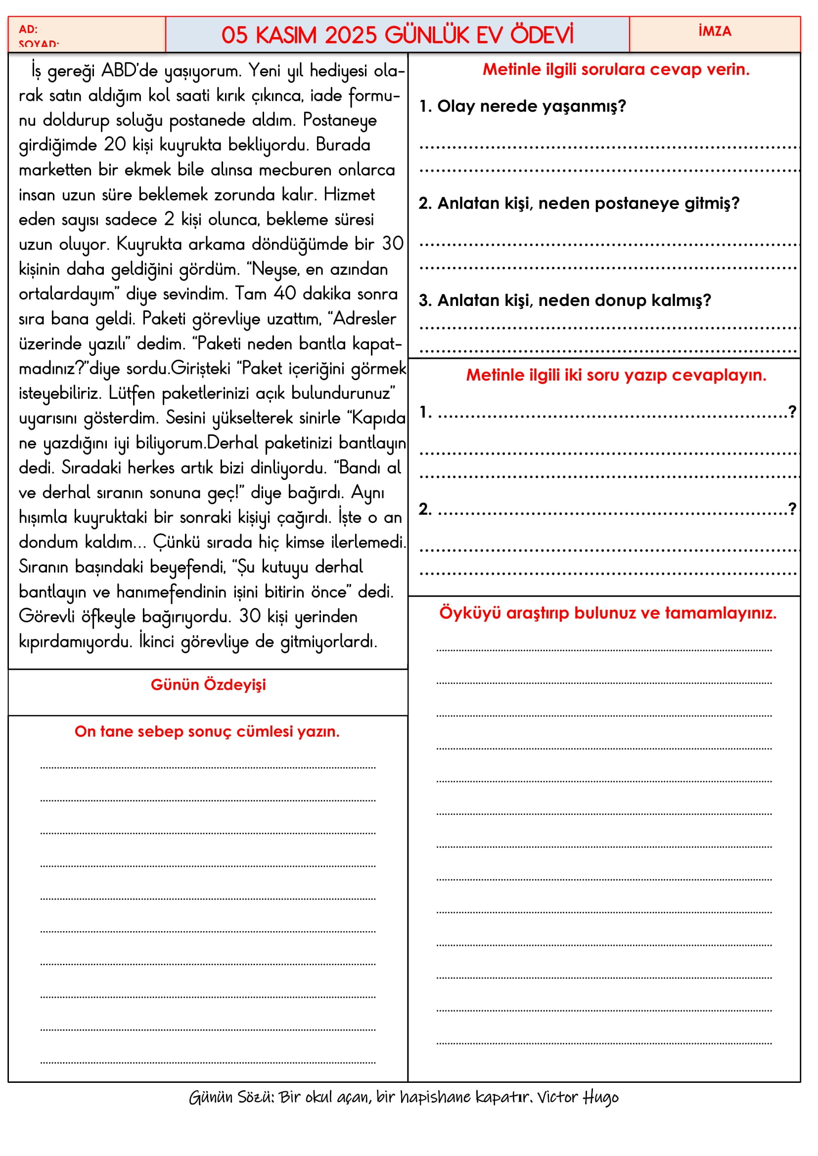 4.Sınıf - 05 Kasım 2025 Günlük Ev Ödevleri