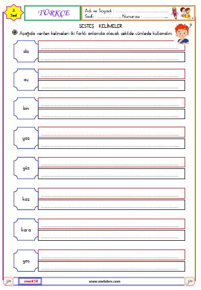 3. Sınıf Türkçe Sesteş Kelimeler Etkinliği