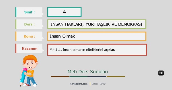 4.Sınıf İnsan Hakları, Yurttaşlık ve Demokrasi - İnsan Olmak Sunusu