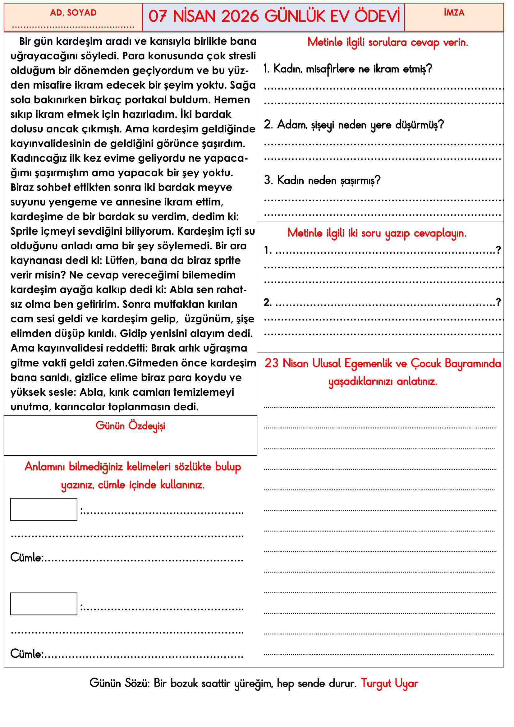 3.Sınıf - 07 Nisan 2026 Günlük Ev Ödevleri