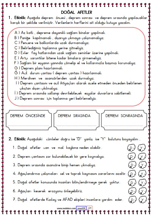 2. Sınıf Hayat Bilgisi Deprem Etkinliği 3