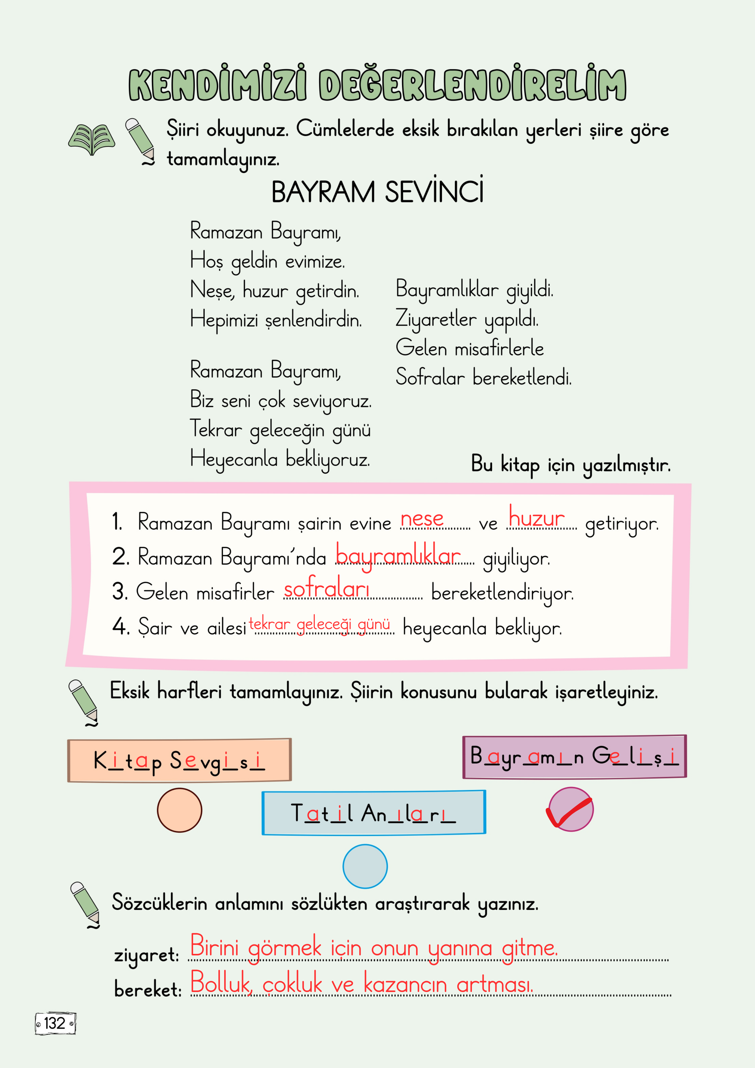 2. Sınıf Türkçe Meb Yayınları 7. Tema (Kültür Hazinemiz) Değerlendirme Soruları Cevapları