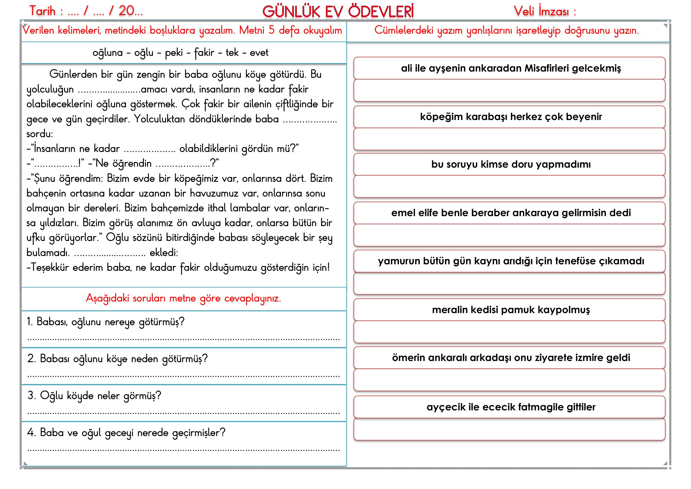 2.Sınıf - 26 Ekim 2026 Günlük Ev Ödevleri