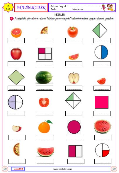 2. Sınıf Matematik Bütün, Yarım, Çeyrek Etkinliği 1