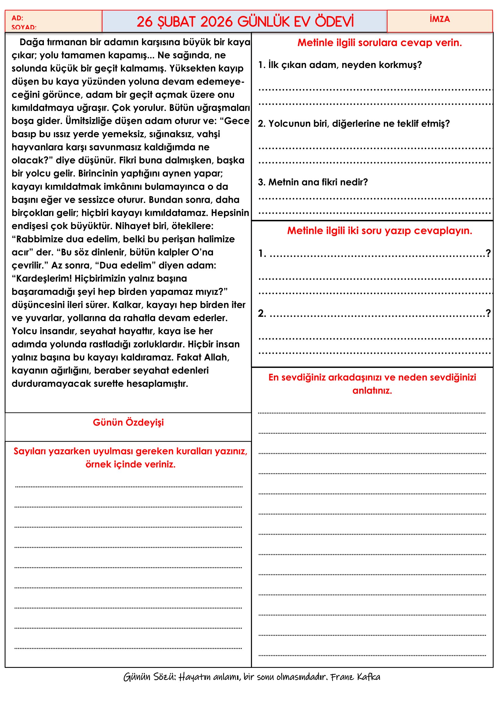 4.Sınıf - 26 Şubat 2026 Günlük Ev Ödevleri