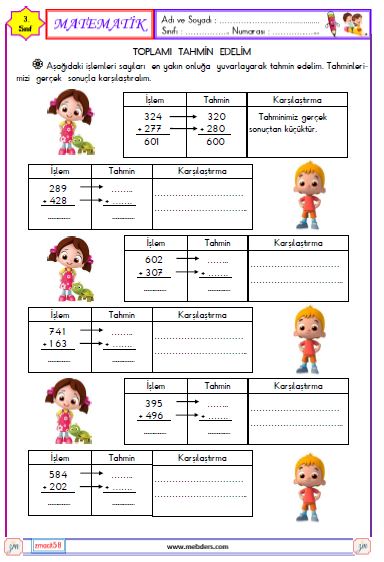 3. Sınıf Matematik Toplamı Tahmin Edelim Etkinliği 2