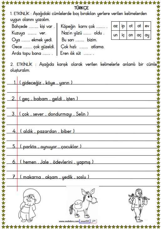 1. Sınıf Türkçe Boşluk Doldurma ve Cümle Oluşturma Etkinliği