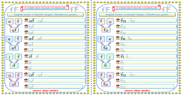 1. Sınıf İlk Okuma Yazma F-f Sesi Hece Kelime Çalışmaları