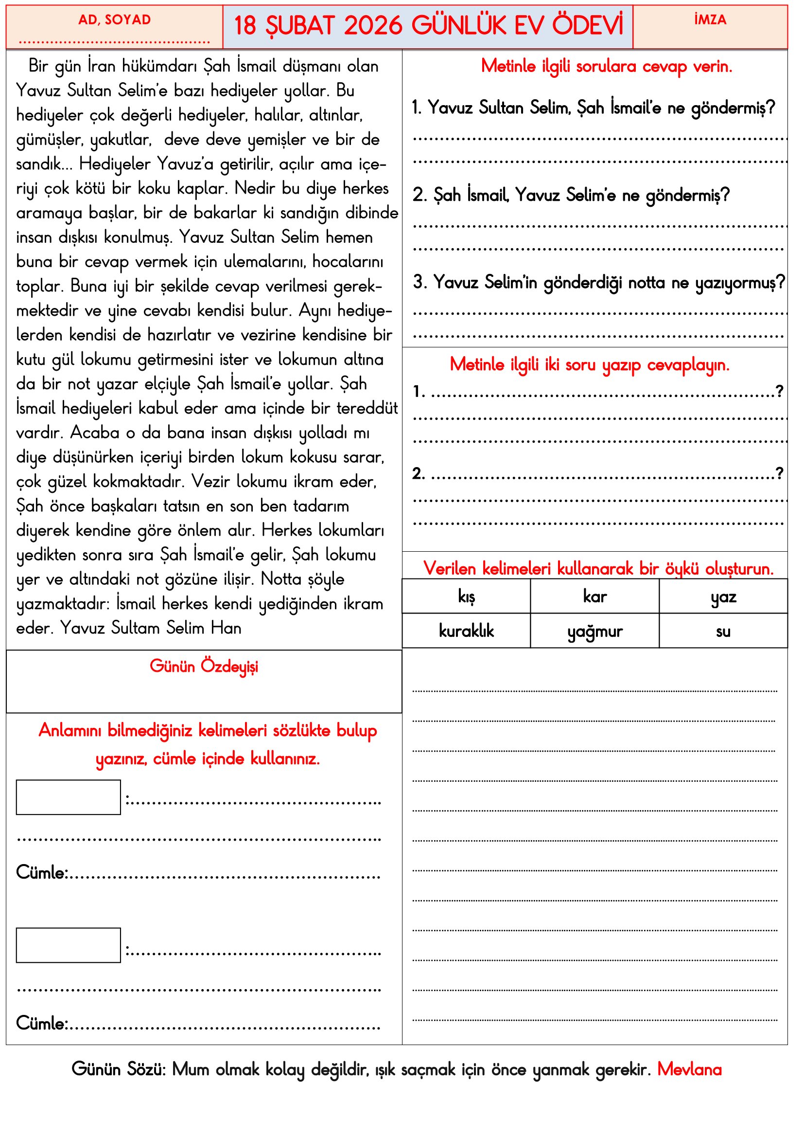 3.Sınıf - 18 Şubat 2026 Günlük Ev Ödevleri