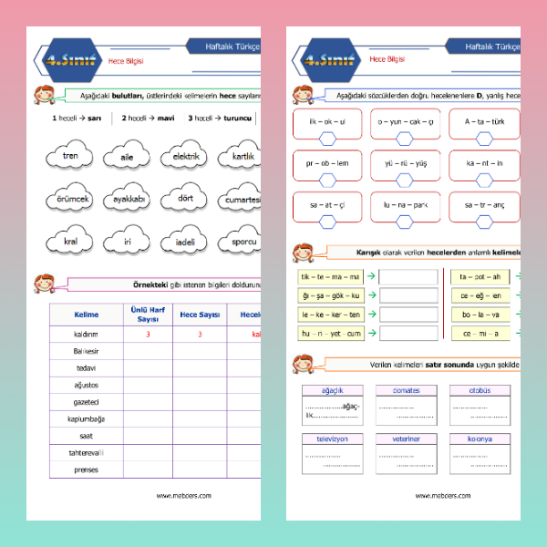 4. Sınıf Türkçe - Hece Bilgisi Etkinlikleri