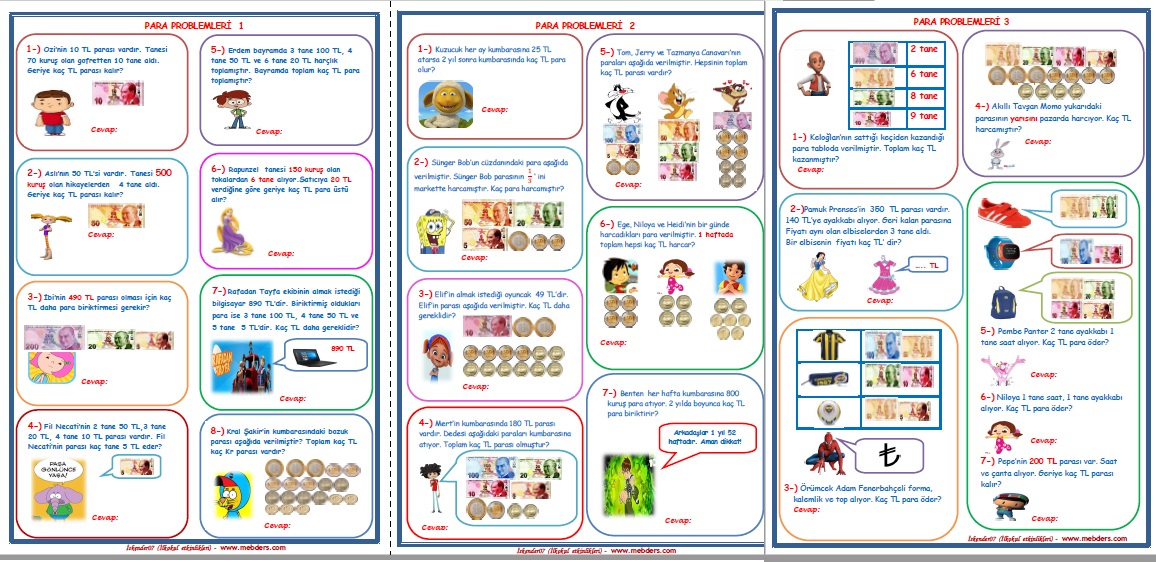3.Sınıf Matematik Para Problemleri 1-2-3     (3 Sayfa)