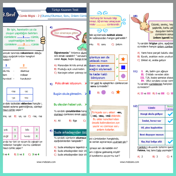 3. Sınıf Türkçe Cümle Bilgisi - 2 Kazanım Testi